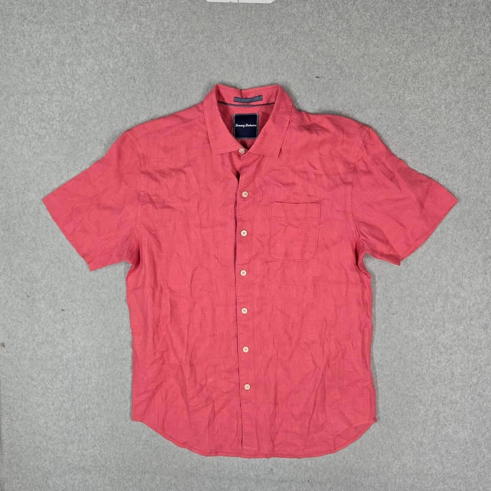 Tommy Bahama Men Button Up Shirt L Pink 100% Linen Short Sleeve Pocket Collar